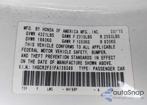 2015 Honda Accord Sport из США, поврежденный, VIN 1HGCR2F51FA139589